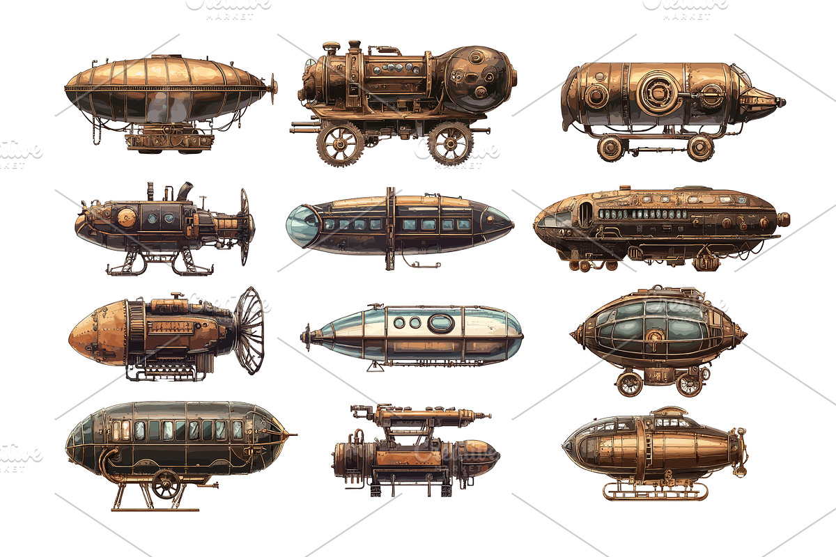 Cartoon steampunk vehicles. Airships, a Transportation Illustration by Stock-Smart-Start