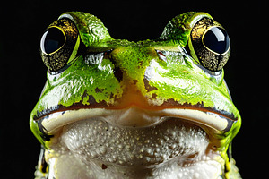 Green frog portrait with shiny eyes and detailed textures, an Animal Photo by GoodGoods