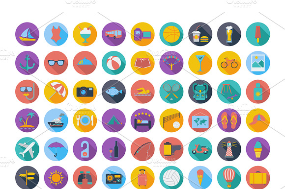 Summer Flat Icons Whit Long Shadow.