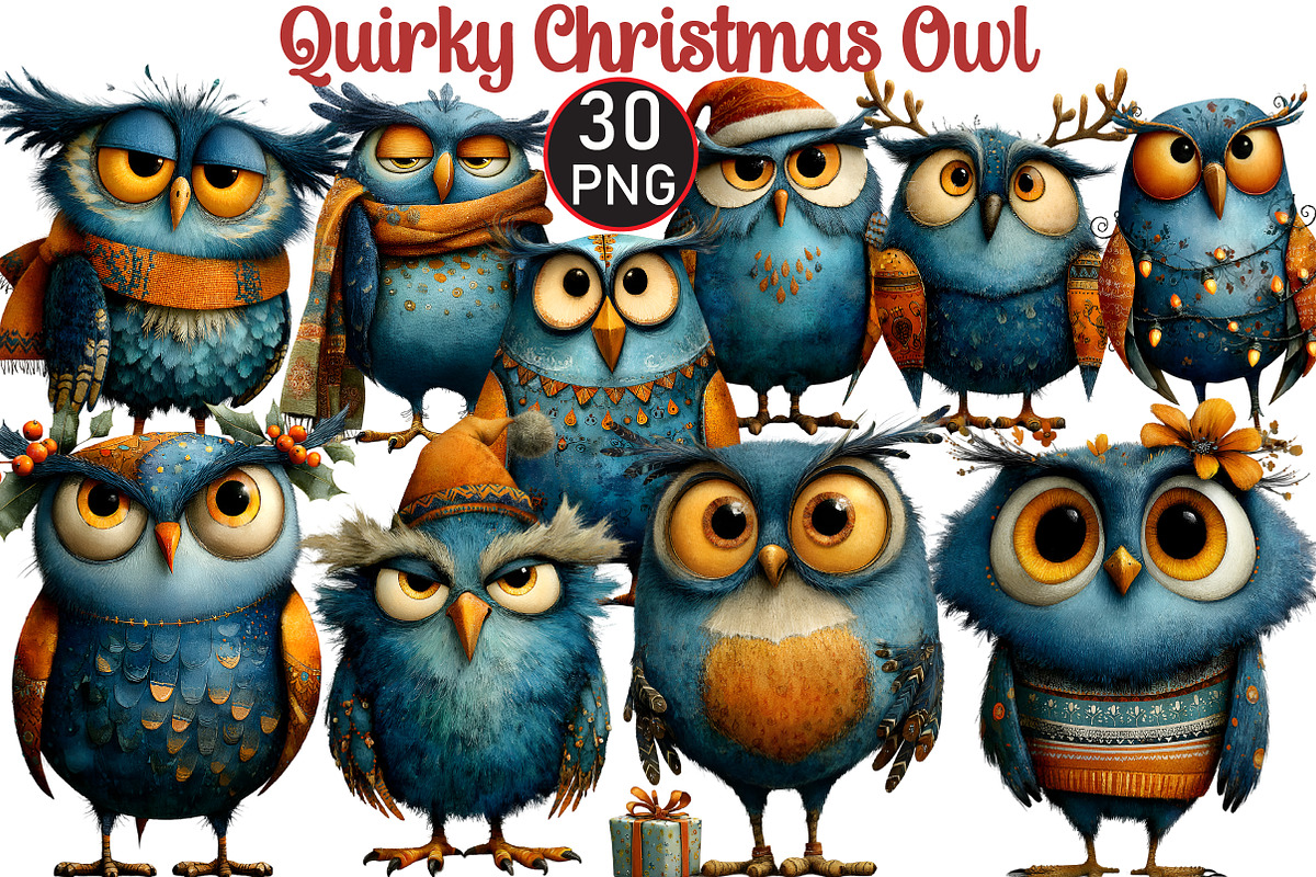 Quirky Christmas Owl Clipart, an Illustration by Black Bird Studio (Photo 1 of 6)