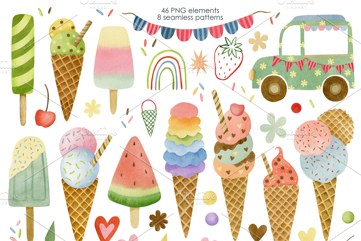 Watercolor Ice Cream Clipart., an Object Graphic by Kira Konoshenko (Photo 2 of 7)