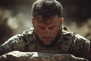 A concentrated Caucasian male soldier reflects deeply with closed eyes in a mil, a Person Photo by ImageMir