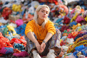 Young woman showcases recycled ocean materials in colorful environment, a Person Photo by AlyaAnd