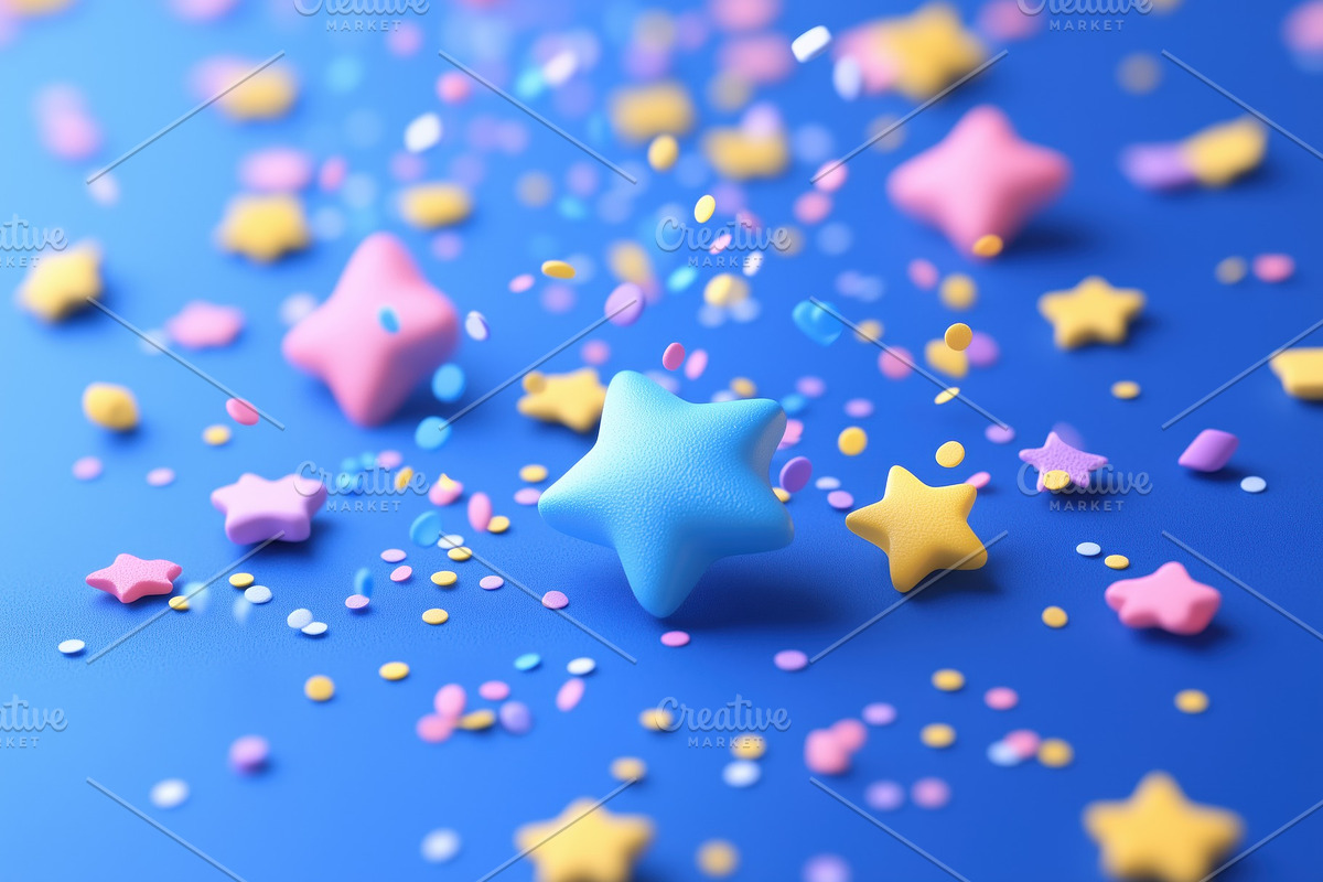 Colorful star-shaped decorations and confetti scattered on a blue background, c, an Object Illustration by Textures & Backgrounds