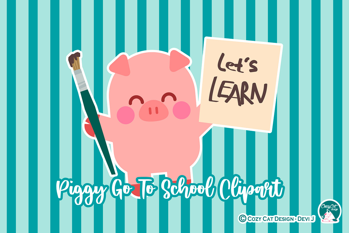 Piggy Go to School Clipart, an Object Graphic by Cozy Cat Design (Photo 1 of 3)