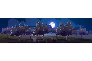 Moonlit orchard with fruit trees, an Illustration by art PVP - market