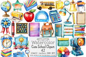 Watercolo Cute School Clipart, a Seasonal Illustration by Design Market