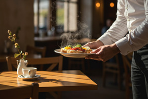Waiter serving a steaming breakfast, a Food & Drink Photo by professorinc