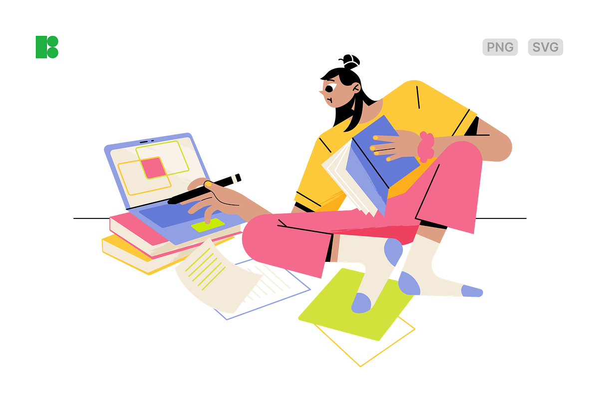 Woman focused on online learning, an Education Illustration by Icons8