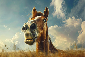 Funny horse smiling in a wheat field, a Nature Photo by Ylivdesign