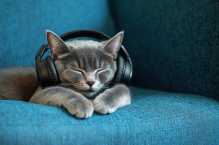 Grey cat enjoys relaxation with headphones while lying on blue couch, an Animal Photo by AlyaAnd