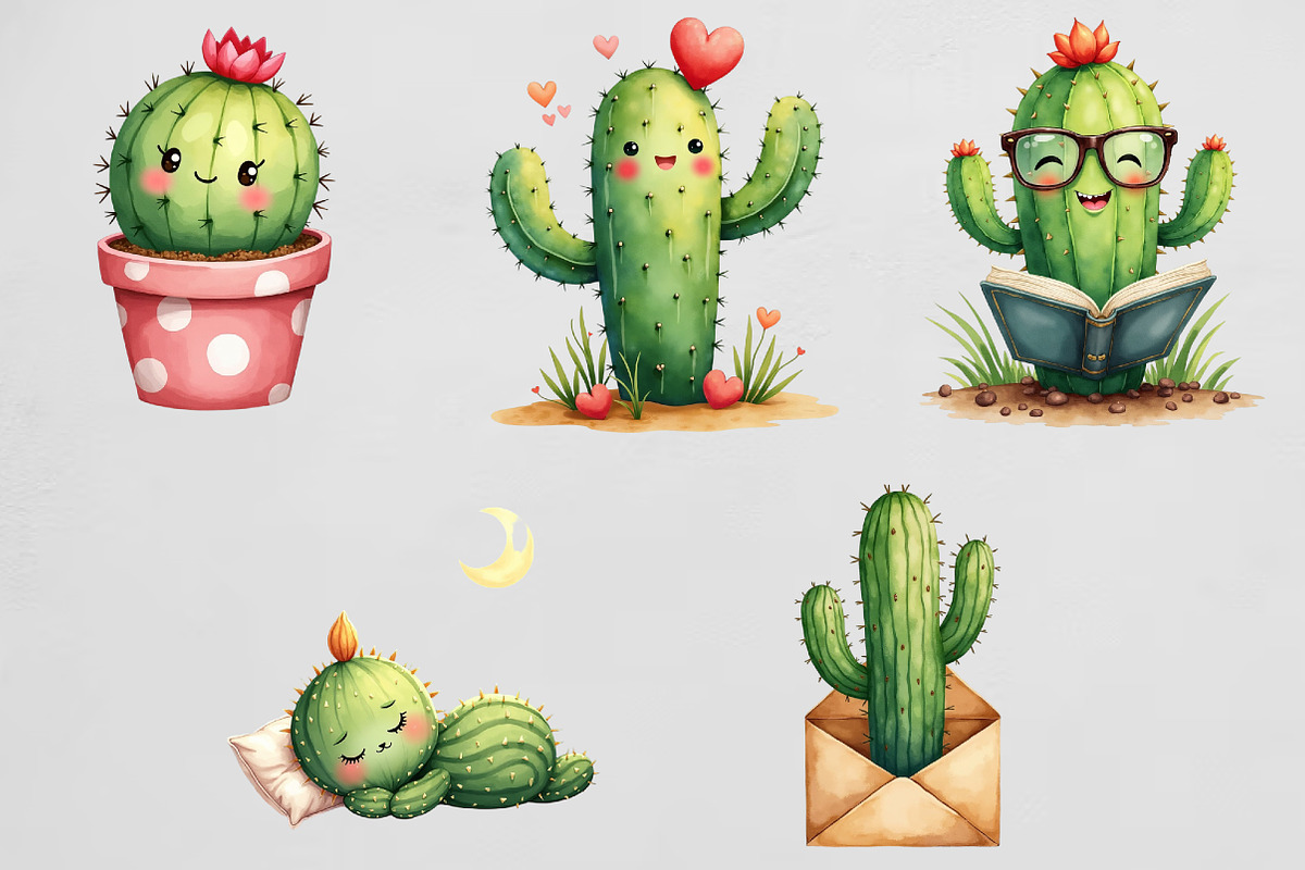 Watercolor Cute Cactus Clipart, an Illustration by CrexoraLab (Photo 3 of 4)