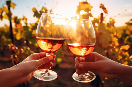 Friends toasting glasses of wine at vineyard, a Food & Drink Photo by AlyaAnd