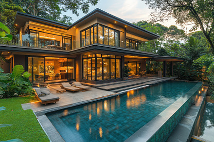 Modern house with infinity pool at d, an Abstract Photo by Pixeness