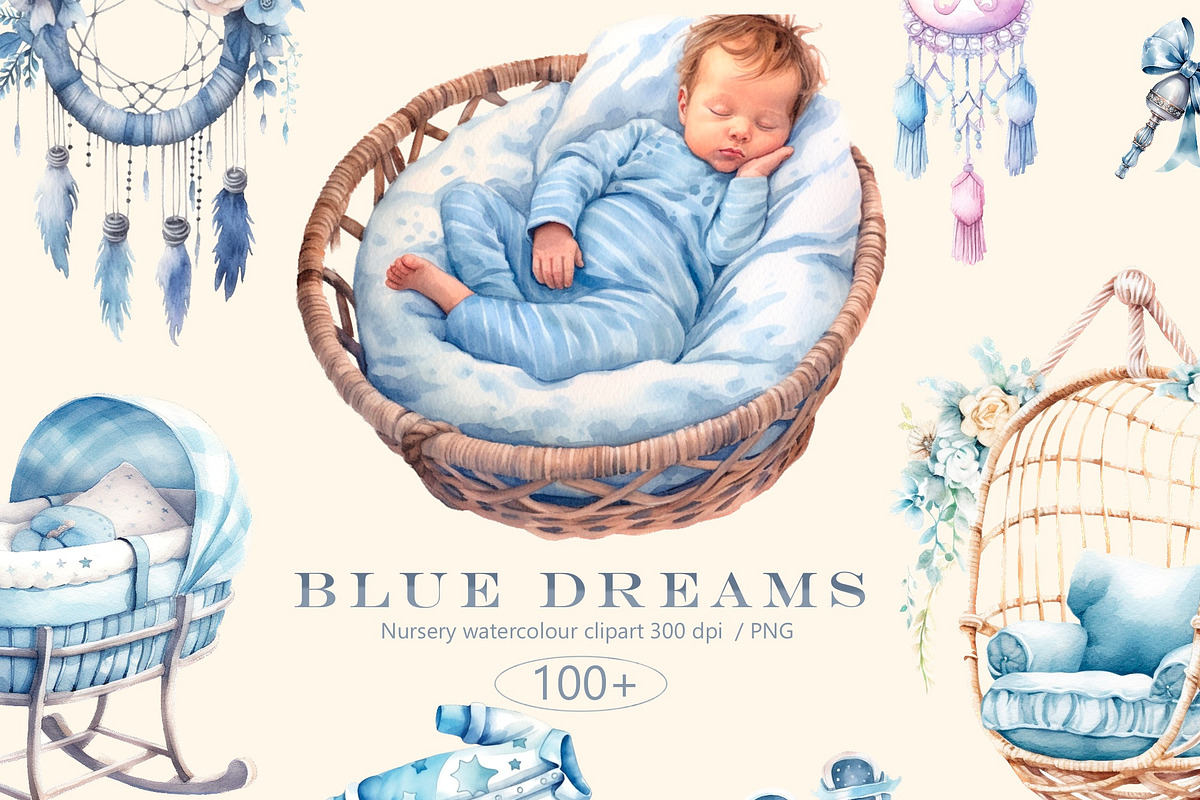 Blue dreams, Boho watercolor clipart, an Illustration by Hello My Print (Photo 1 of 10)