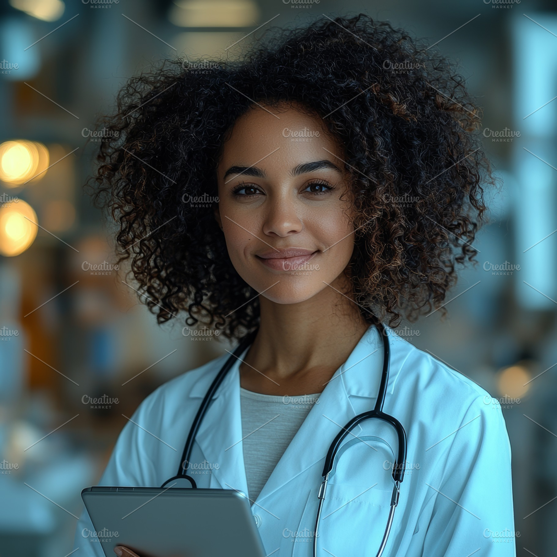 Female doctor smiling and holding a tablet in a hospital setting, a Photo by AS photostudio