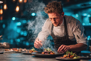 Chef plating gourmet dish smoky kitc, a Photo by Pixeness Studio