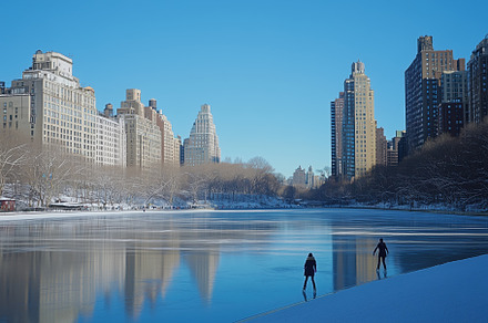 A serene winter scene featuring two ice skaters on a frozen lake surrounded by, a Holiday Photo by Textures & Backgrounds