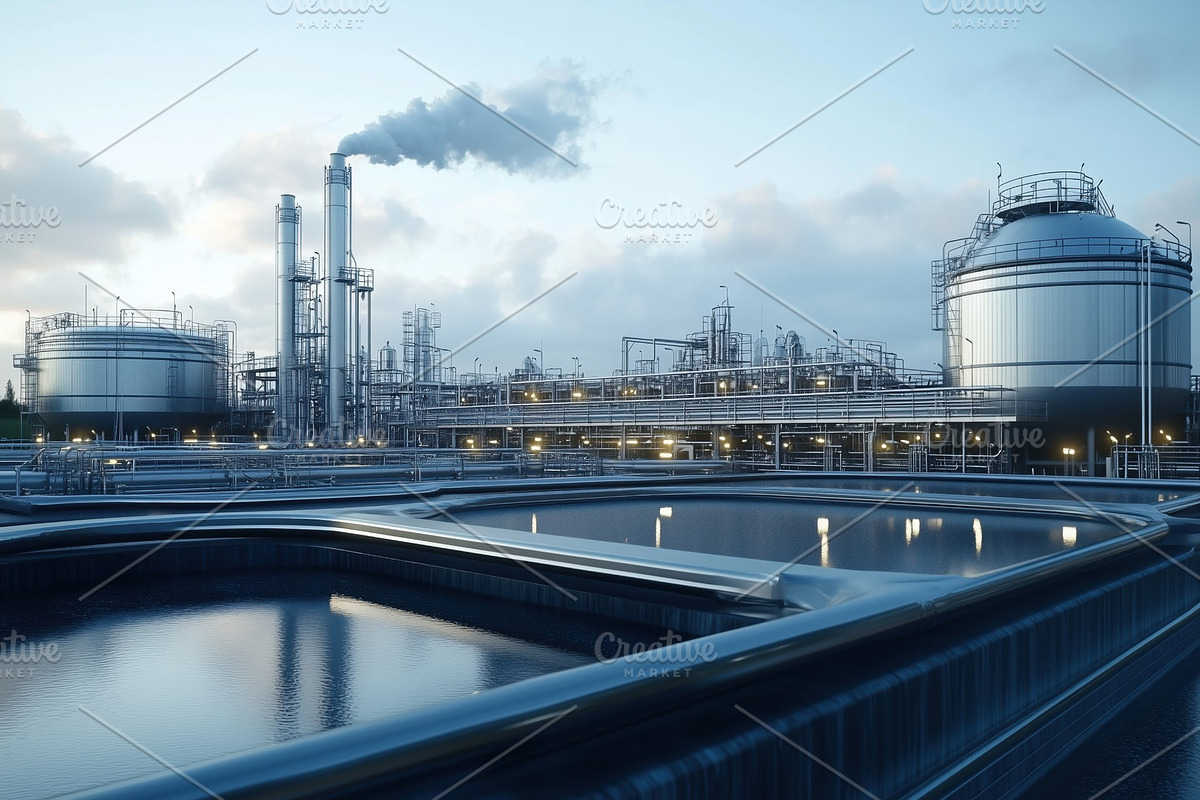 A modern industrial oil refinery at dusk, featuring large storage tanks, pipes,, an Industrial Photo by Textures & Backgrounds (Photo 2 of 2)