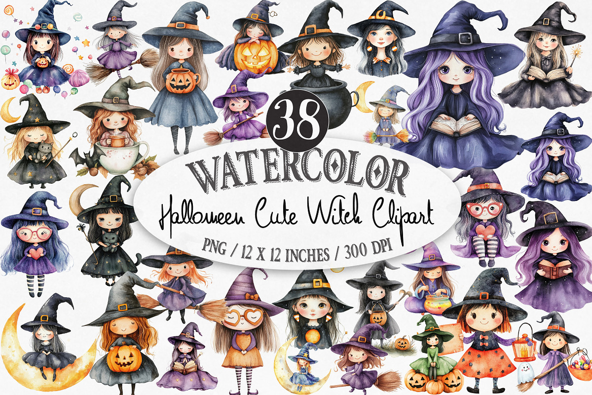 Halloween Cute Witch Clipart, an Illustration by Designking (Photo 1 of 4)