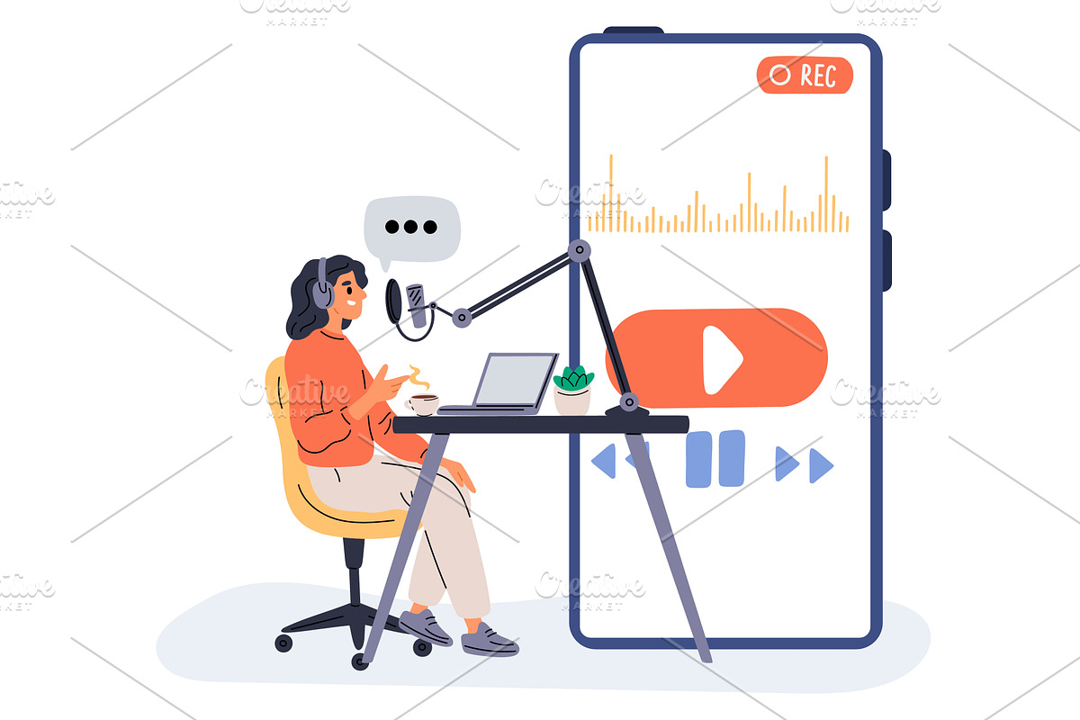Girl with microphone and headphones, a Technology Illustration by Vectorbuum