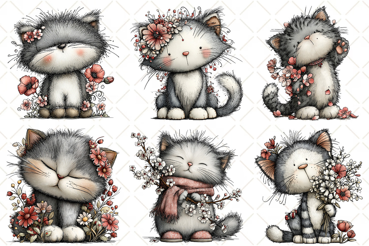 Whimsical Silver Spring Cat Clipart, an Illustration by Black Bird Studio (Photo 3 of 5)