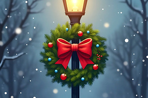 Festive Winter Lamppost Decorated wi, a Photo by LOGOCREATIVE
