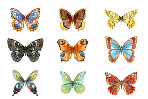 9 Watercolor Butterflies EPS PNG