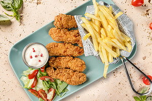 Breaded chicken strips served with french fries, a Photo by Grafvision photography