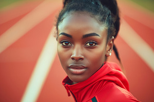 Determined female athlete with dark skin and long hair, wearing, a Sports & Recreation Photo by ImageMir