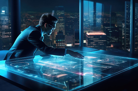 A photo of a person using a holographic display to interact with, a Technology Photo by designvectx
