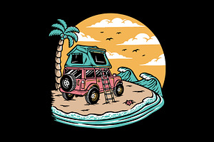 Camping on the beach illustration, a Transportation Illustration by gunaonedesign