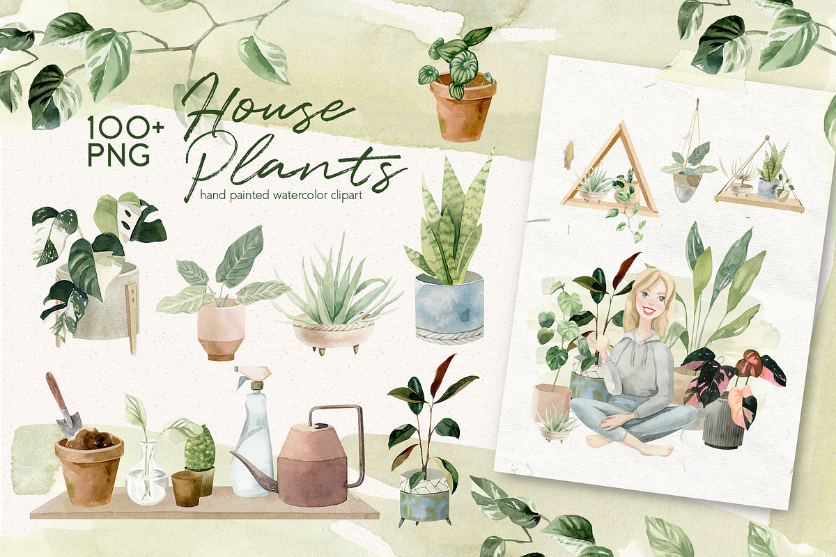 Cosy House Plants Watercolor Clipart, an Illustration by Julia M. Watercolor (Photo 1 of 11)