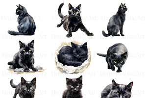 Watercolor Black Cat Clipart, Kitten