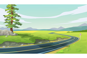 a curved road in green fields, an Illustration by IfH