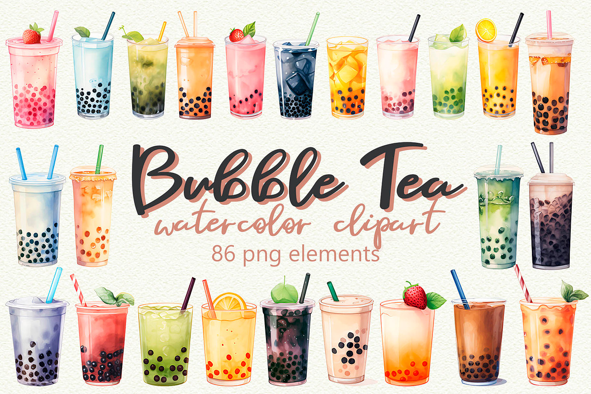 Bubble Tea Watercolor Clipart, a Food Illustration by Anna Design Studio (Photo 1 of 11)