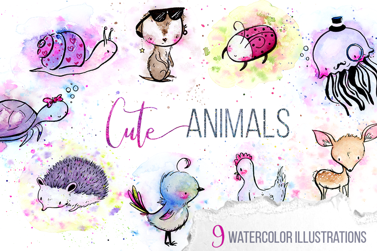 9 Cute Watercolor & Ink Animals Pack, an Animal Illustration by Yasmina Creates (Photo 1 of 5)