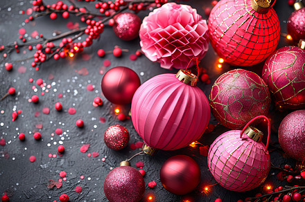 Festive Red and Pink Christmas Ornaments with Sparkling Lights and Berries