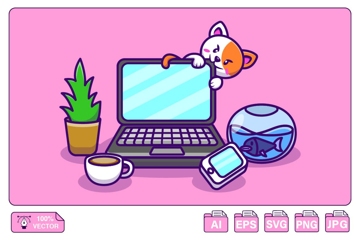 Cute Cat Sitting On Laptop with Coff, a Technology Illustration by Artstorystudio (Photo 1 of 3)