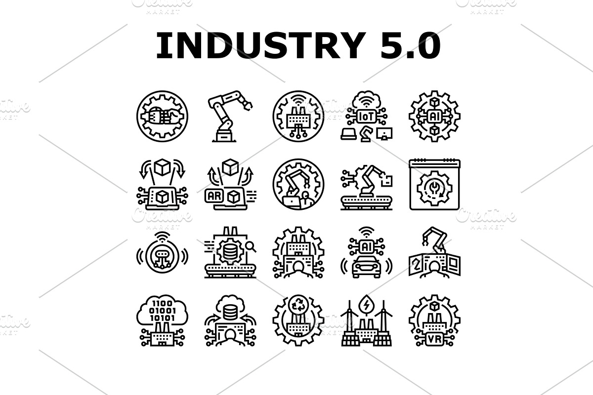 industry five automation icons set, an Illustration by pikepicture