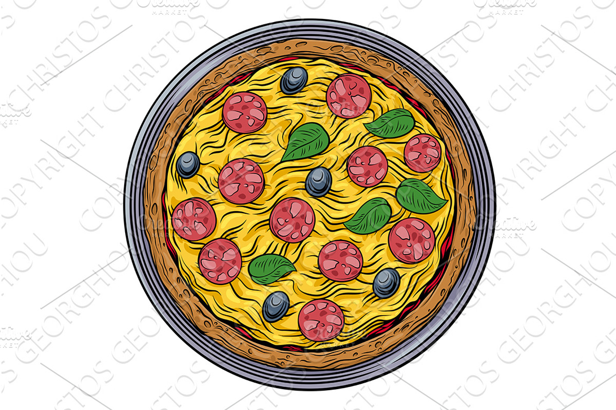Color Vintage Woodcut Pizza Art, a Food Illustration by Christos Georghiou