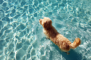 Cute fluffy dog swimming in a pool, an Animal Photo by MistyDay