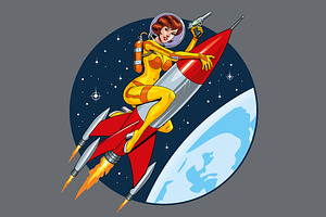 Astronaut Woman Riding A Rocket