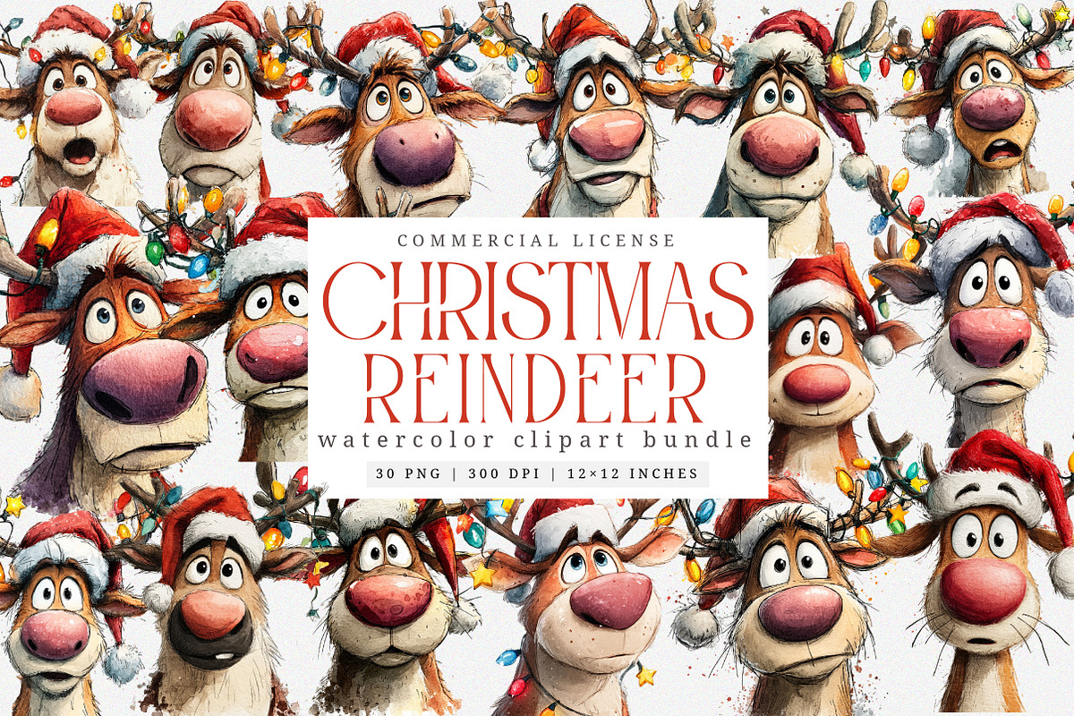 Funny Christmas Reindeer Clipart PNG, an Illustration by SinaCreation (Photo 1 of 7)