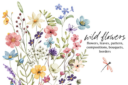 Wild flowers, butterflies, dragonfly, a Decorative Illustration by Larisa Maslova