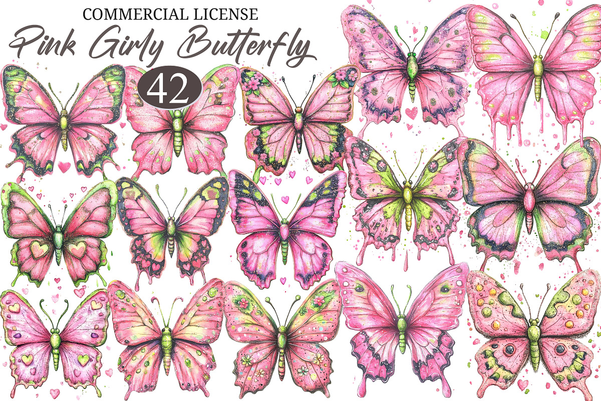 Watercolor Pink Girly Butterfly Clip, an Illustration by designcity5 (Photo 1 of 5)