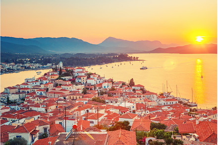 View of Poros at sunset, Greece, an Architecture Photo by sborisov