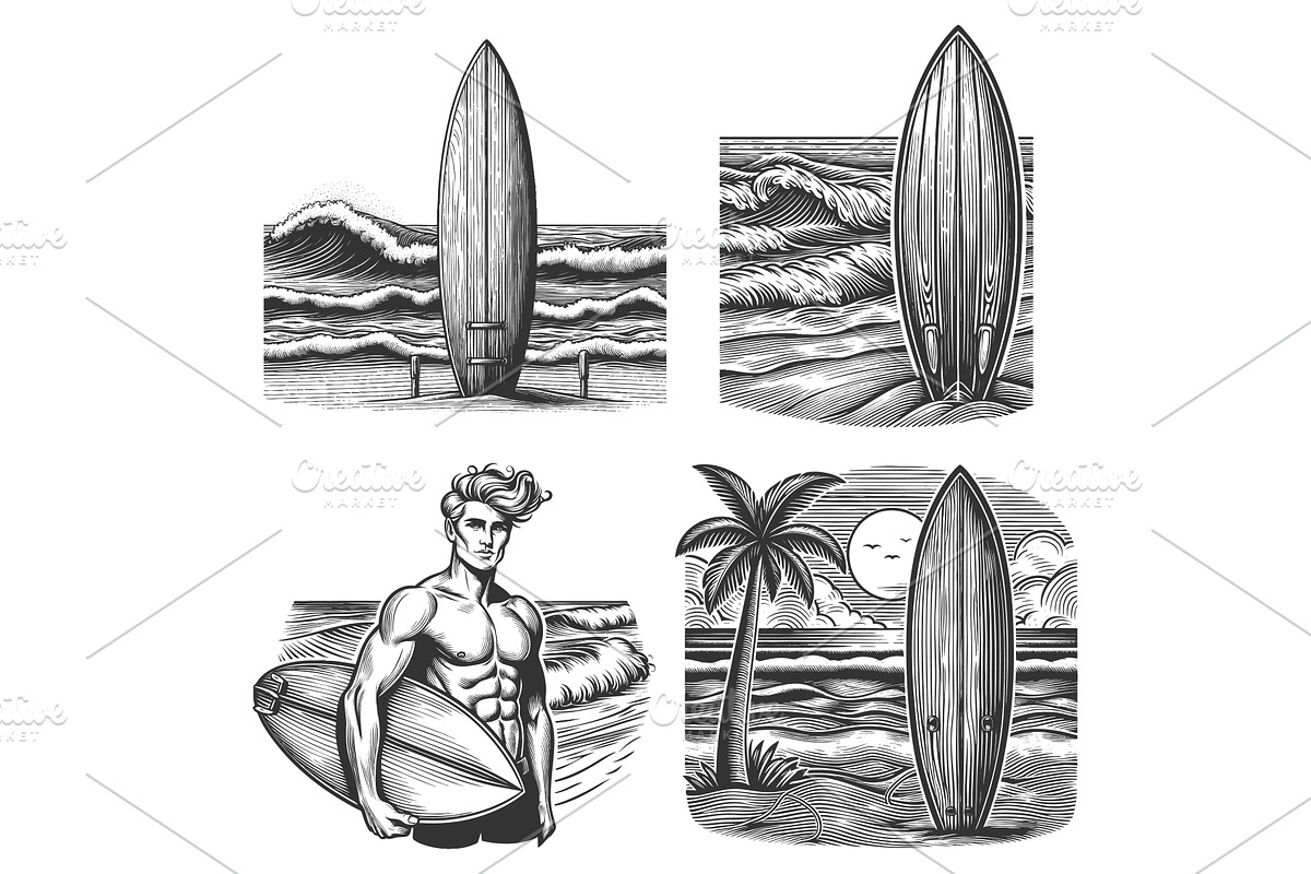 Surfing engraving set vector, an Illustration by AlexArt