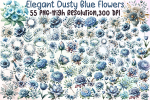 Elegant Dusty Blue Flowers Clipart, an Illustration by Sublimation Artist