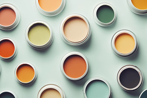 Paint Cans with Blue and Orange Color Swatches in Flat Lay, an Abstract Photo by Natalia Klenova's Shop